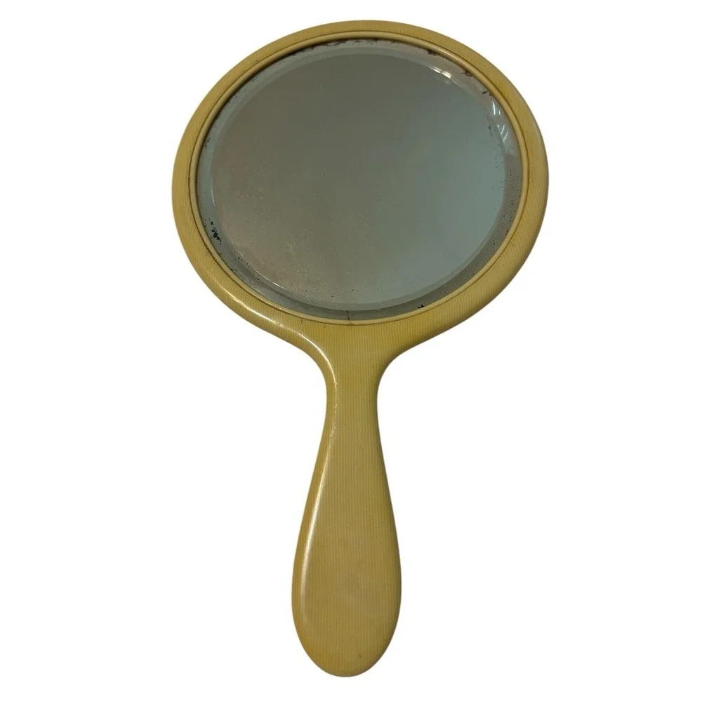Vintage Beveled Hand Mirror Vanity Butterscotch Art Deco Style 11